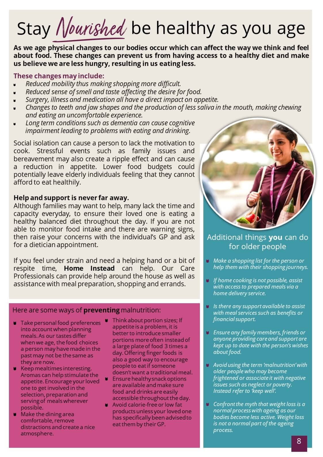 A flyer titled "Stay Nourished: be healthy as you age" with tips on maintaining good nutrition and eating well as you grow older. - Home Instead