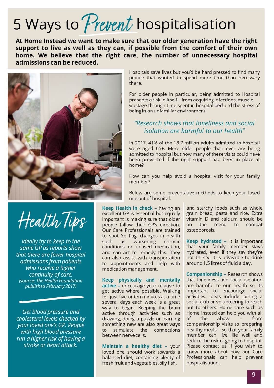 Infographic titled "5 Ways to Prevent Hospitalisation" with health tips, advice on reducing emergency hospital admissions, and a photo of a home visit. - Home Instead
