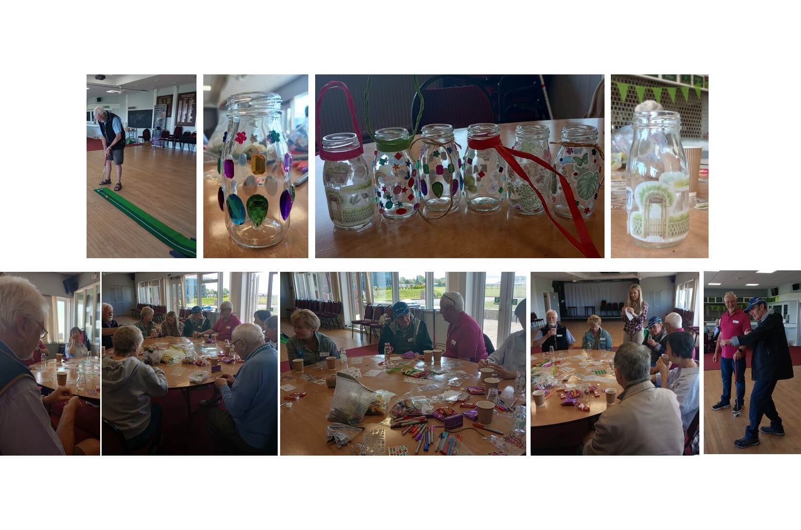 Elderly people doing various crafts and playing games in a community center. Decorated jars are on display. - Home Instead
