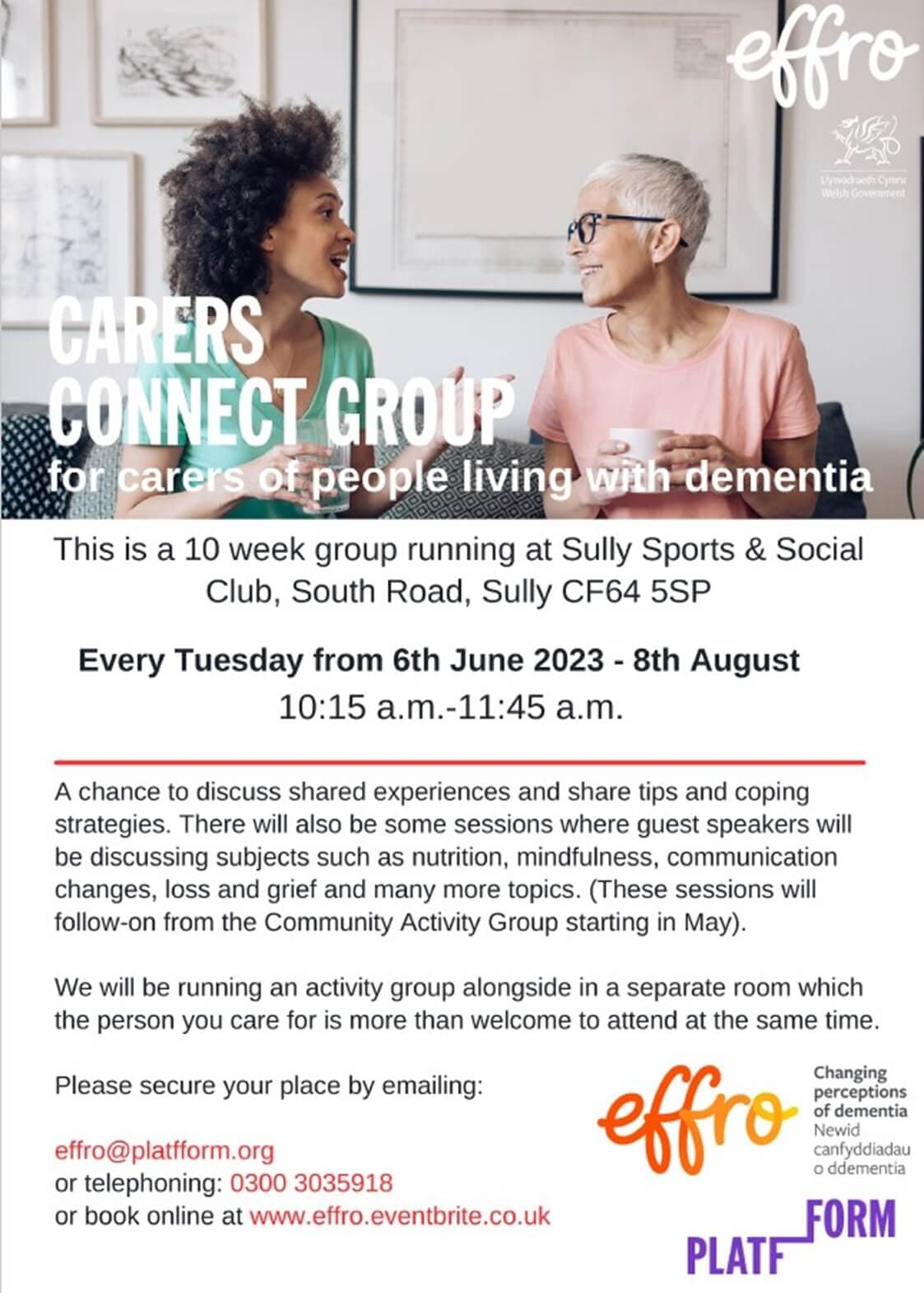 Poster for a carers' support group at Sully Sports & Social Club, every Tuesday from 6th June to 8th August, 10:15-11:45am. - Home Instead