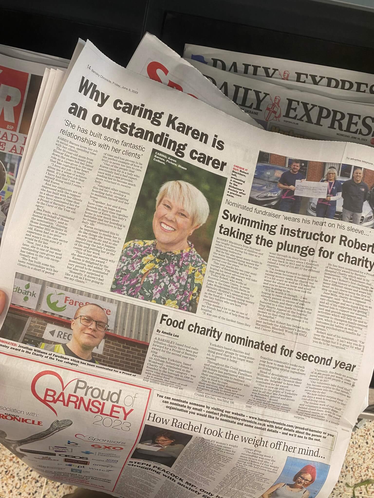 Newspaper featuring articles on an outstanding carer named Karen, a swimming instructor's charity, and a food charity nomination. - Home Instead