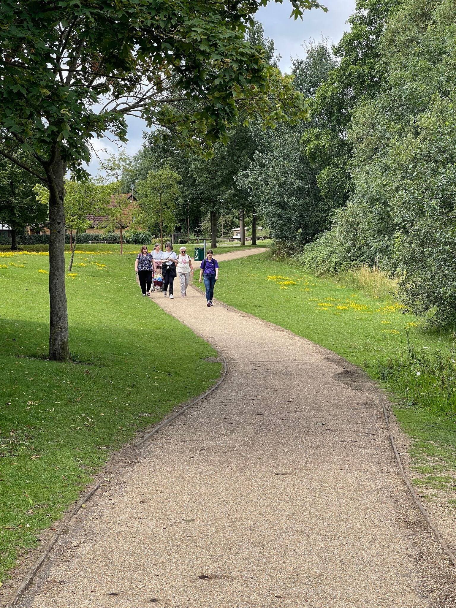 A group of people walking on a paved path in a park with green grass, trees, and yellow flowers on either side. - Home Instead