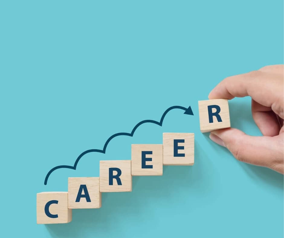 Hand placing wooden blocks with letters spelling "CAREER" on teal background, arranged like a staircase. - Home Instead