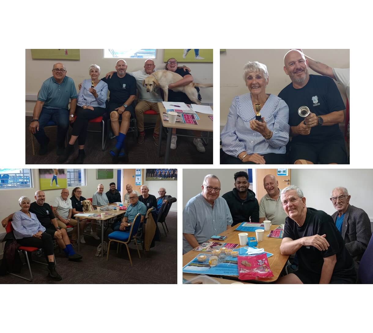 Four photos of a group of smiling elderly people and a dog at a casual indoor gathering, with tables and chairs. - Home Instead