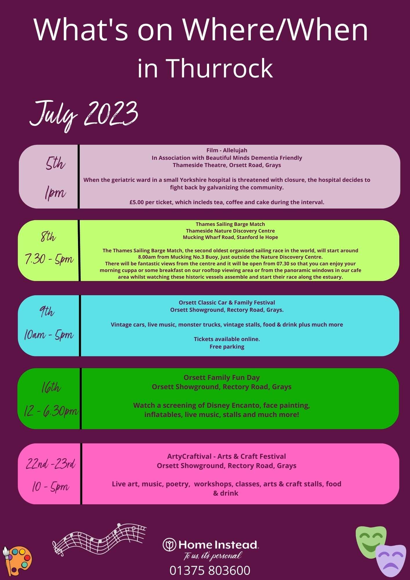 Flyer listing events in Thurrock for July 2023, including film screenings, barge match, and family fun day. - Home Instead