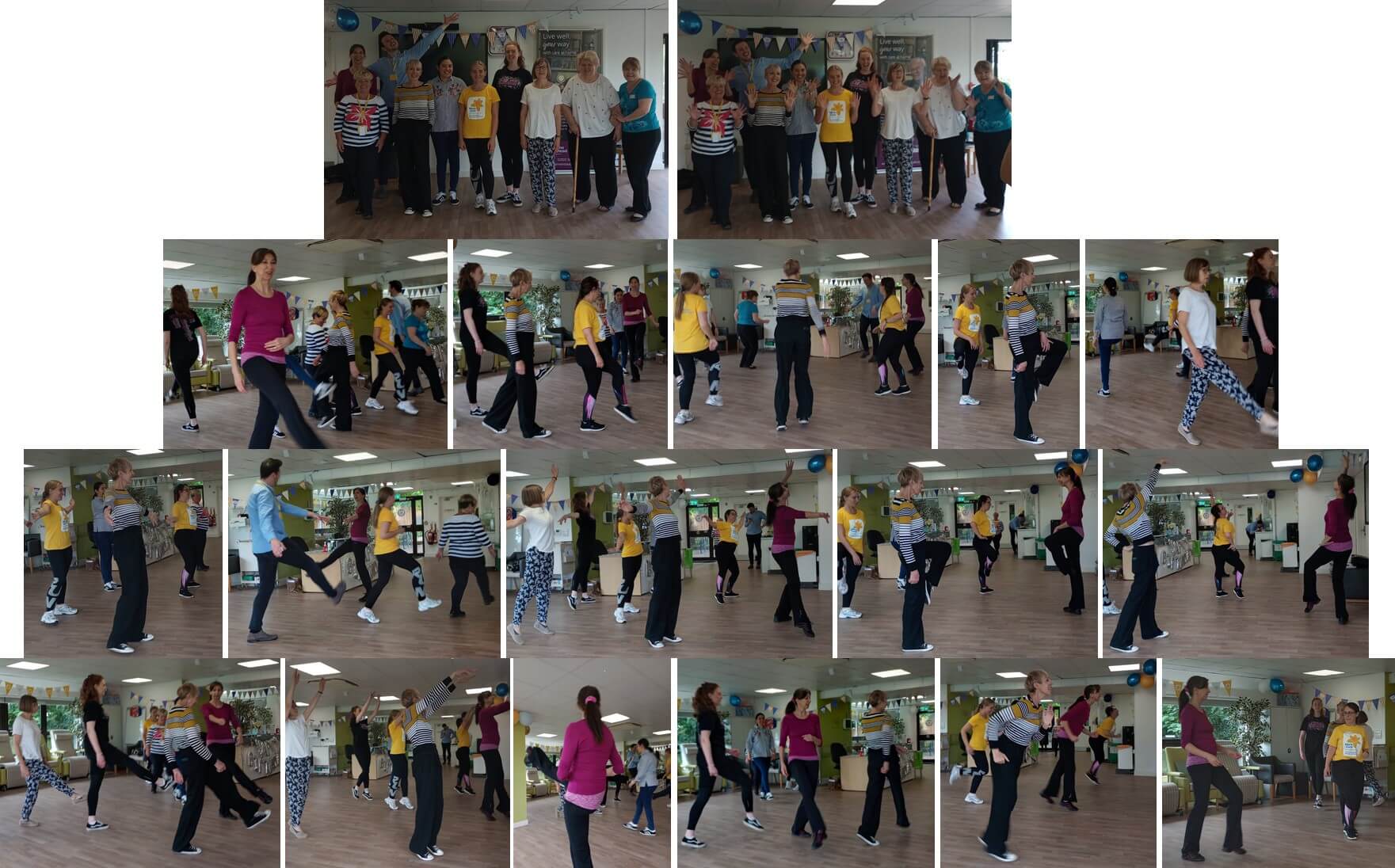 A collage of people in a fitness class doing various exercise routines in a gym setting. - Home Instead