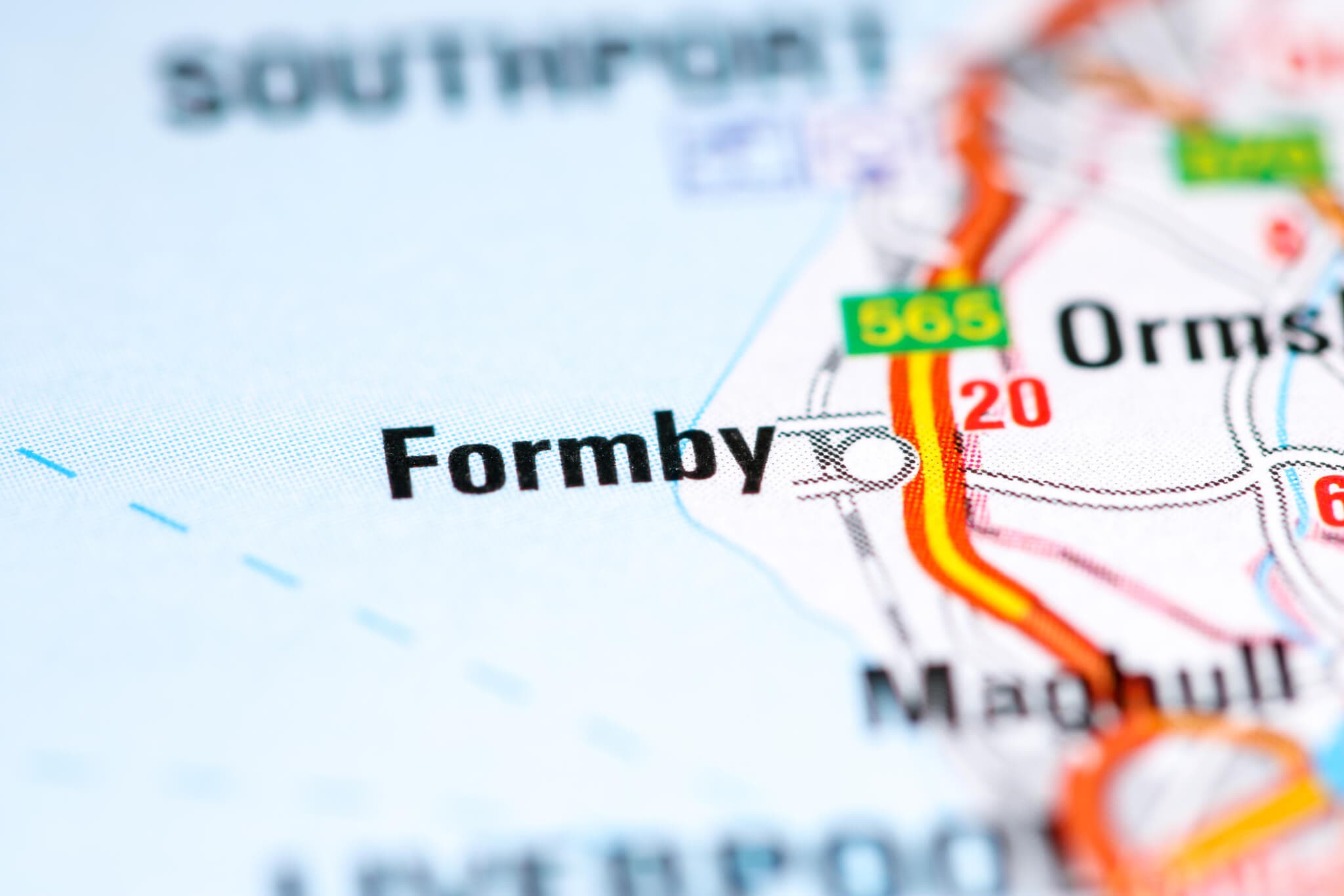 Close-up of a map showing the town of Formby in the UK, highlighting roads, surrounding areas, and geographical details. - Home Instead
