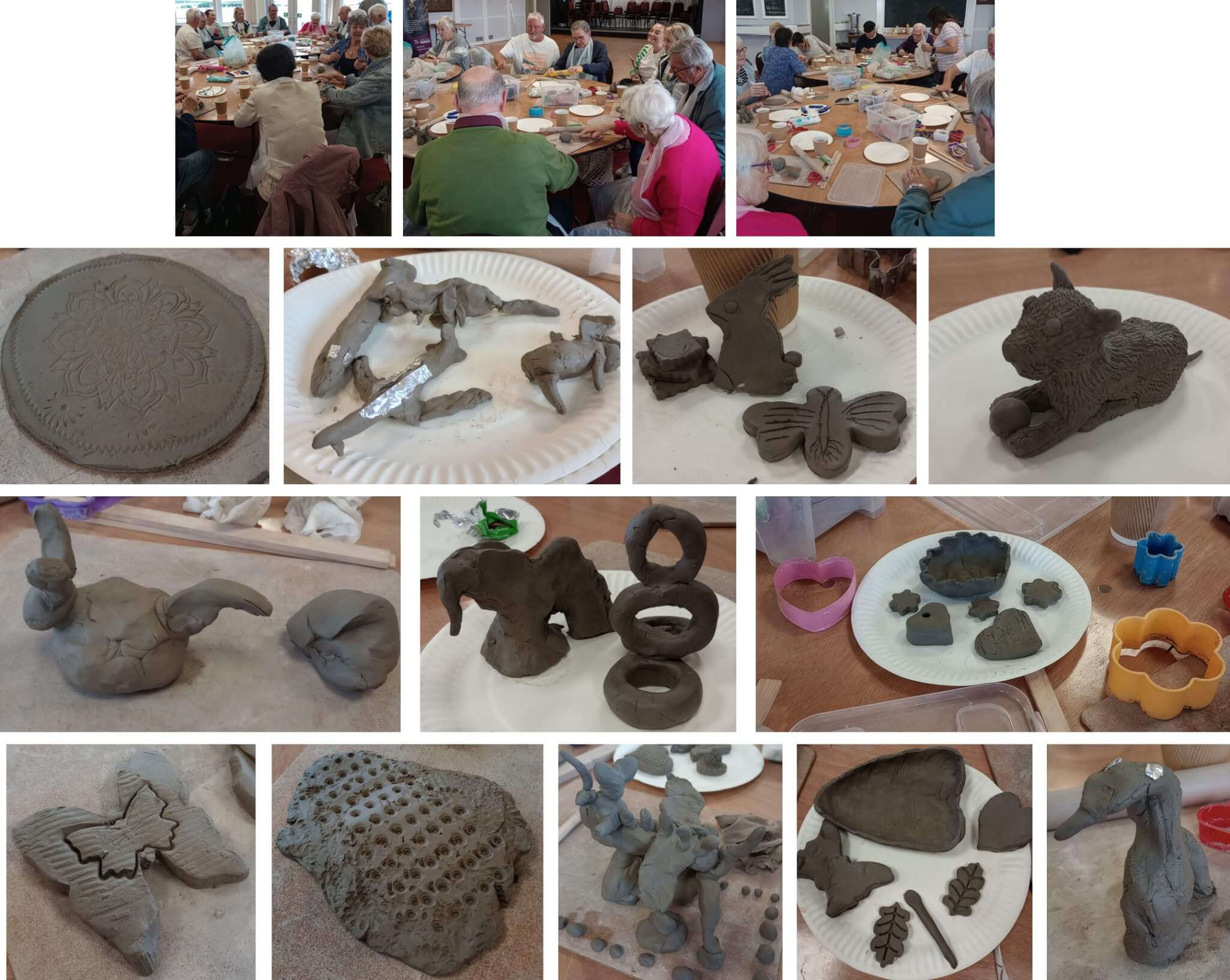 People crafting clay objects at a table, and various finished clay items including animals, bowls, and ornaments. - Home Instead