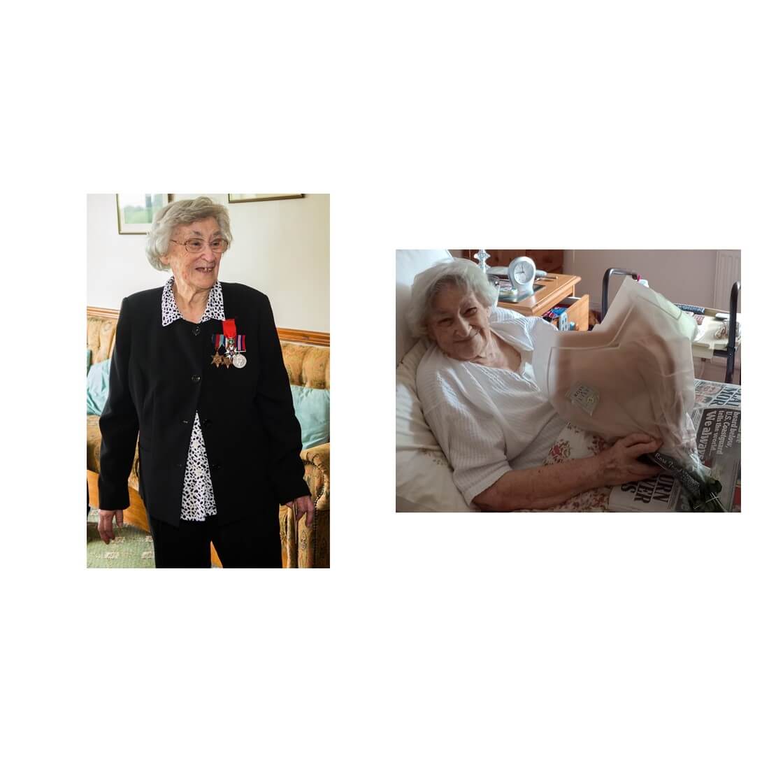 Elderly woman wearing medals on the left and lying in bed with a bouquet of flowers on the right. - Home Instead