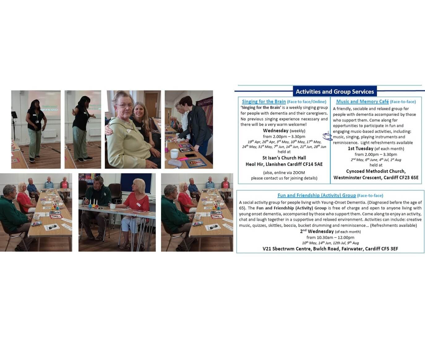 A flyer with activities for the elderly, including photos of groups participating in various crafts and social tasks. - Home Instead