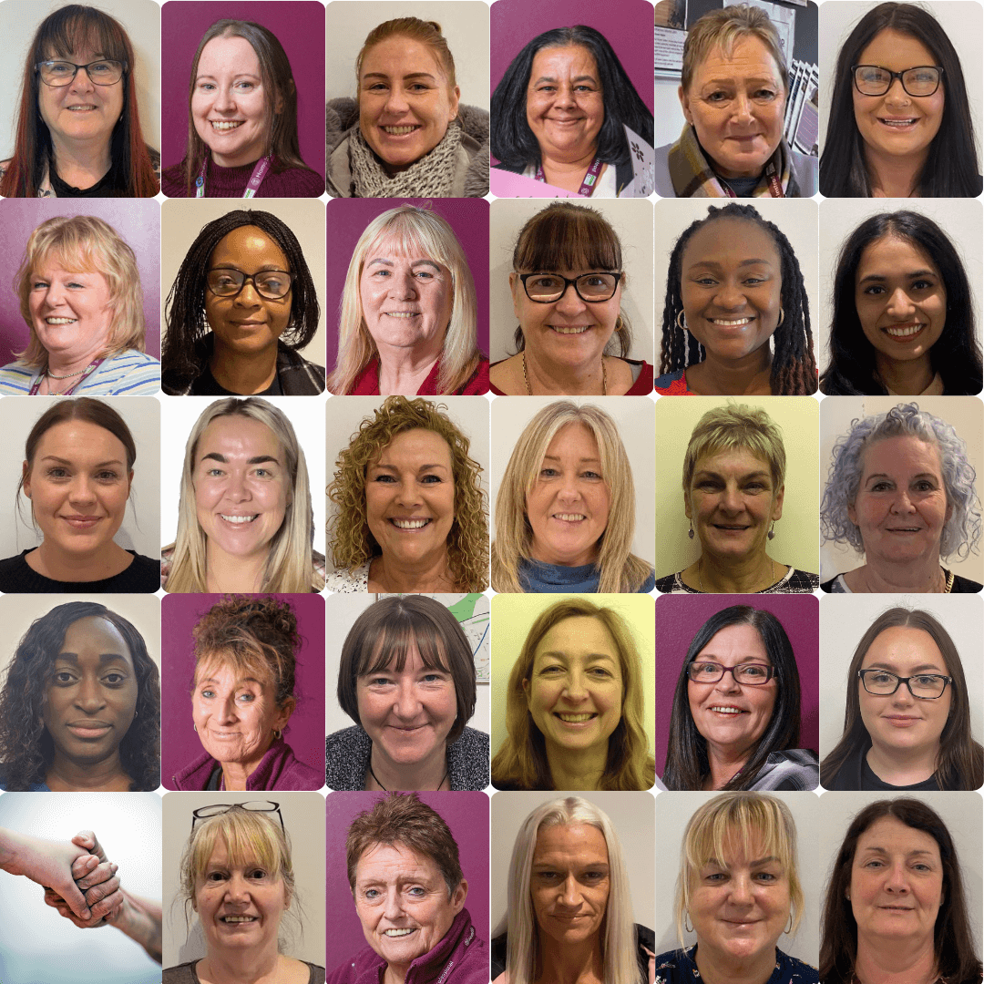 A collage of 30 smiling individuals, predominantly women, arranged in five rows against solid-colored backgrounds. - Home Instead