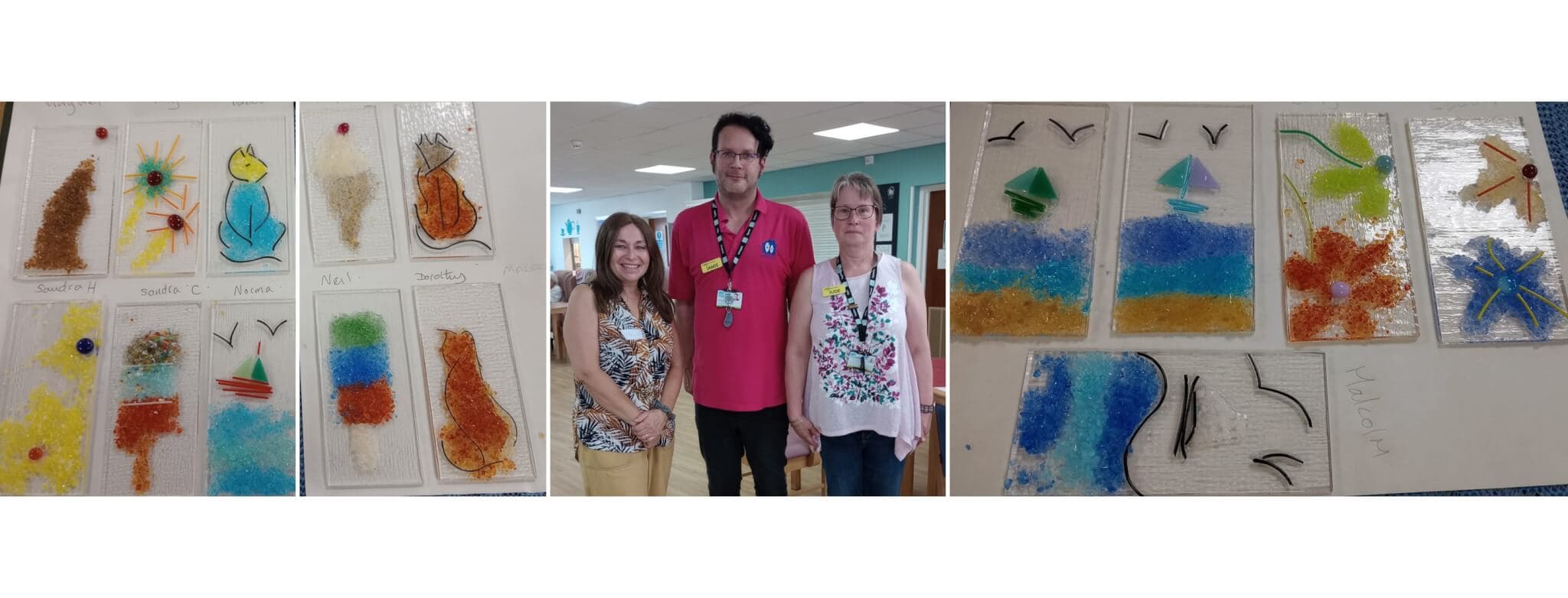 Crafts made with beads (left and right) and three people standing together in a community space (center). - Home Instead
