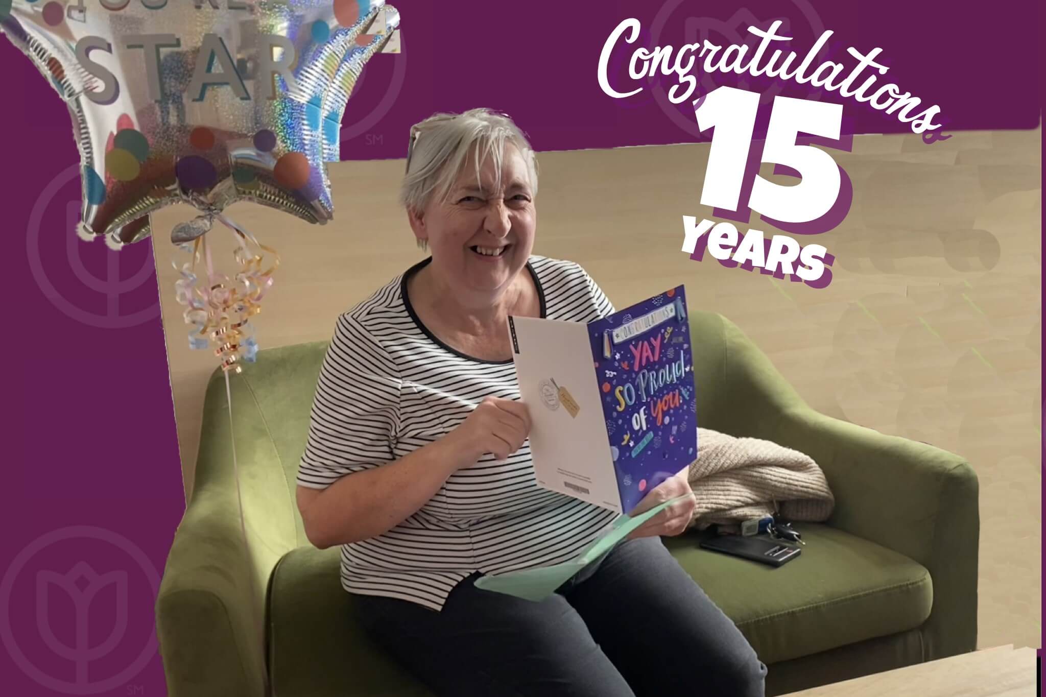 Smiling woman holds a congratulatory card with balloons in the background, text reads "Congratulations 15 Years. - Home Instead