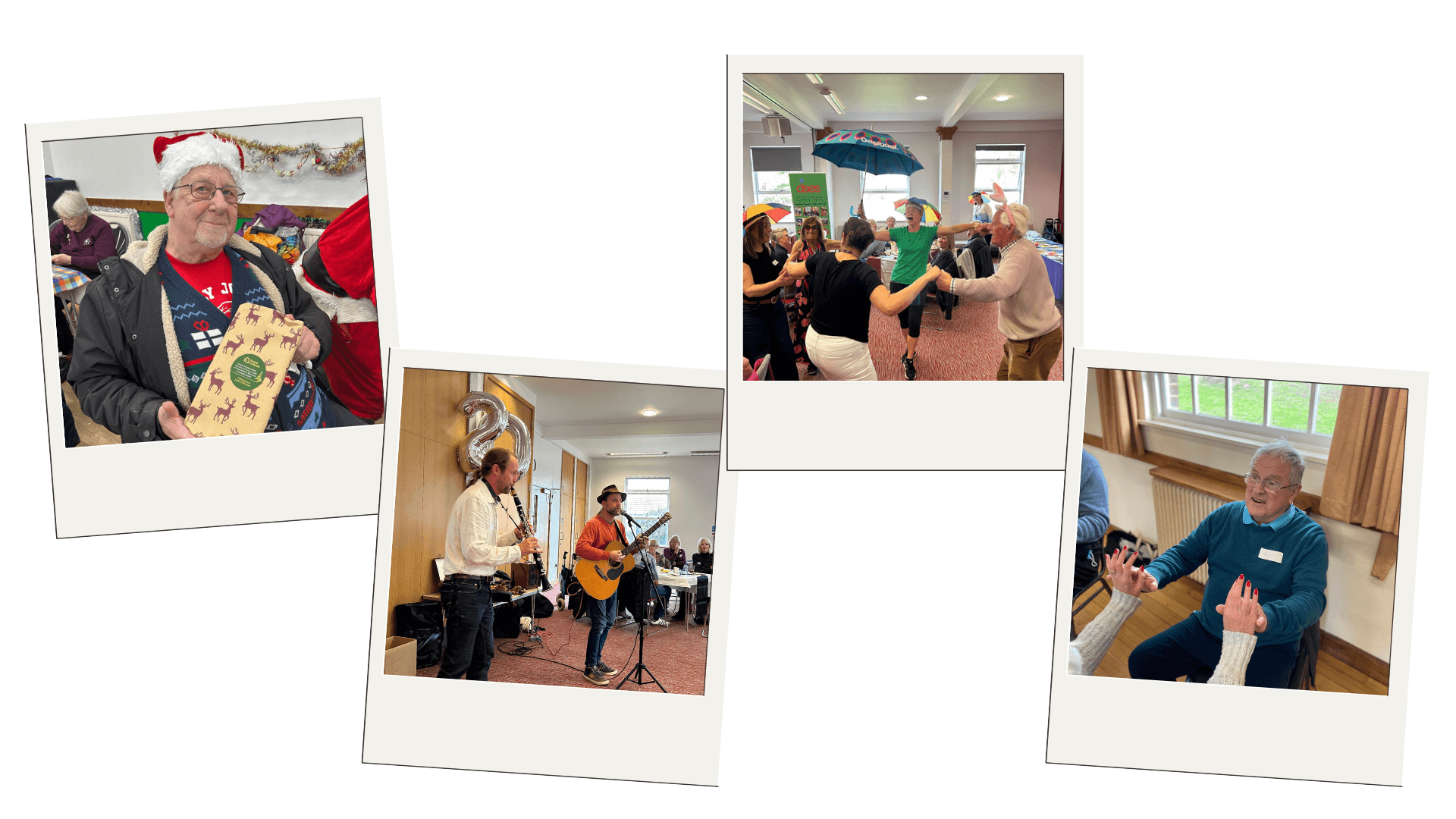 Four photos: people dancing, playing music, holding a present, and sitting, all at a festive indoor event. - Home Instead