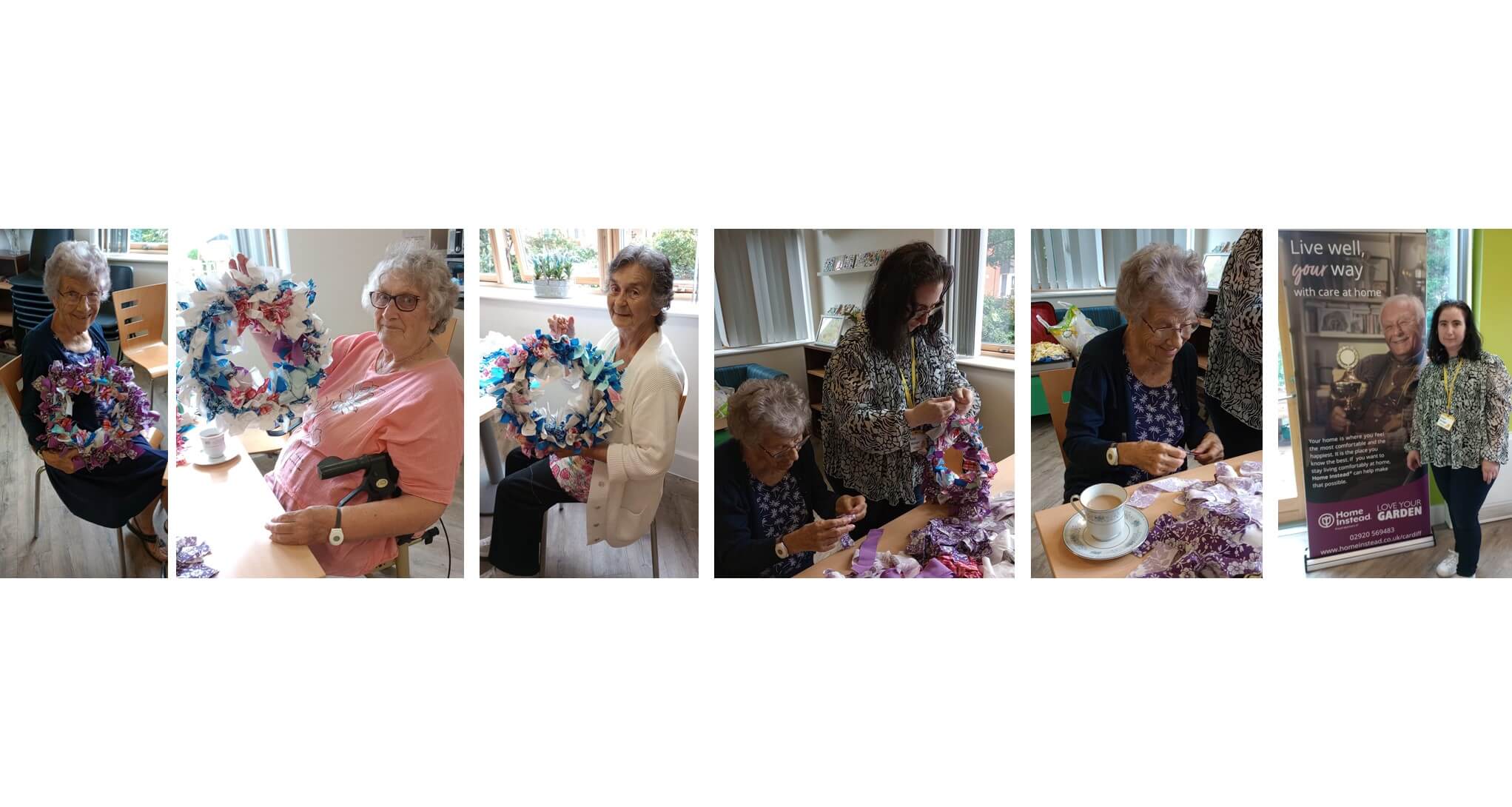 Several elderly women crafting colorful wreaths at a table indoors, with one standing near a banner. - Home Instead