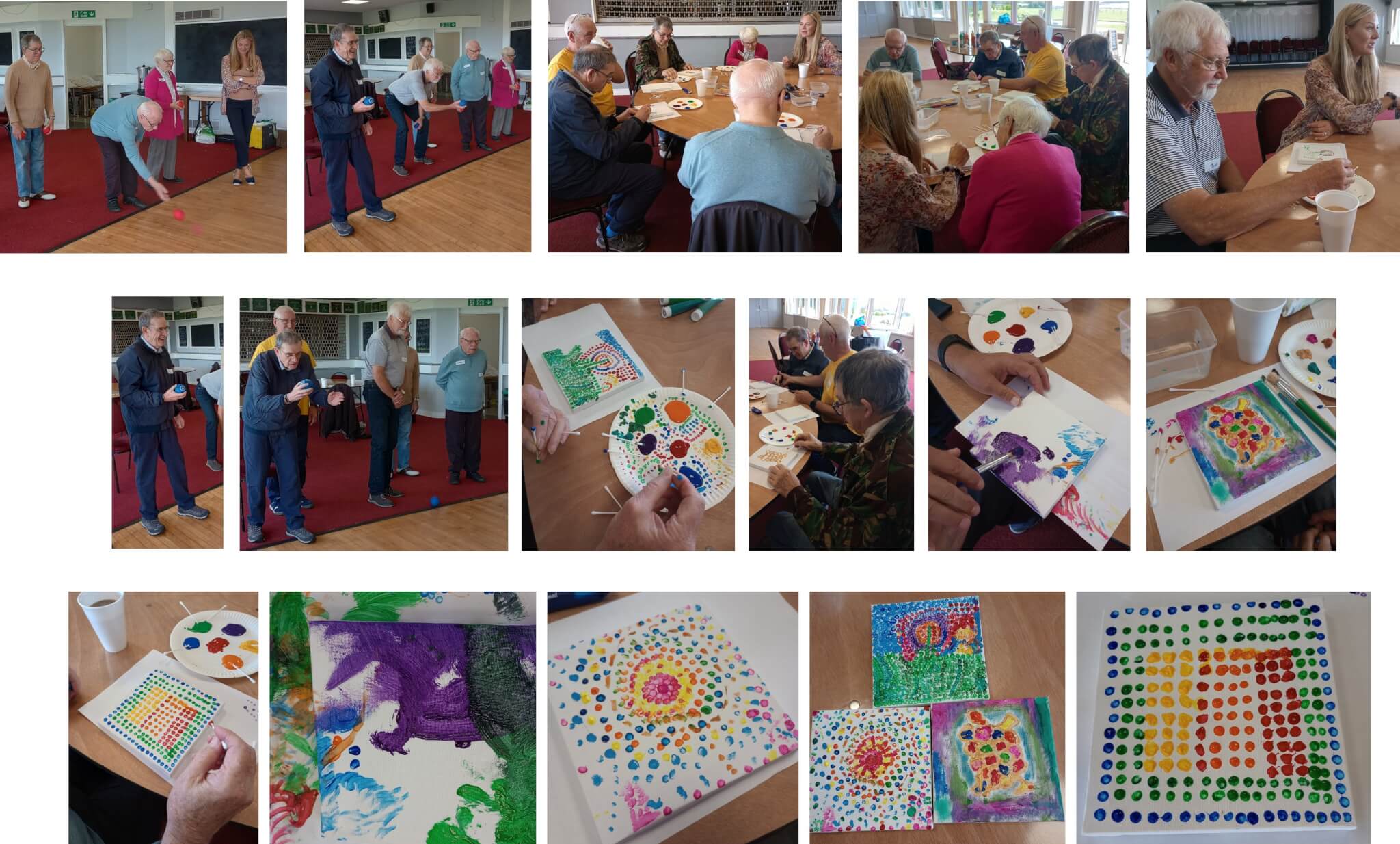 People attending an art class, participating in painting activities and creating colorful dot and abstract designs. - Home Instead