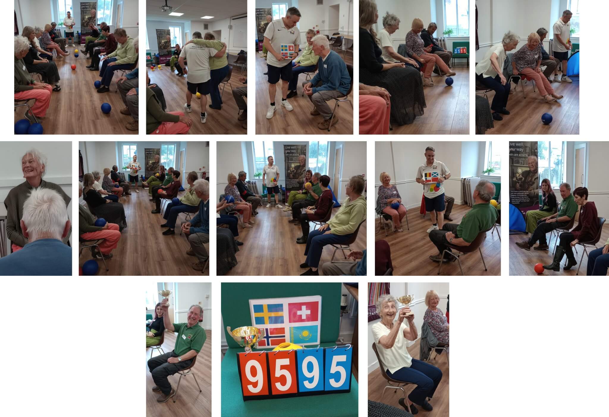 A group of seniors engages in a lively indoor bowling game, sharing laughter and camaraderie. - Home Instead