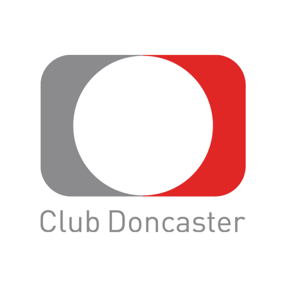 Club Doncaster logo featuring a gray and red design with a white circle in the center and text below. - Home Instead