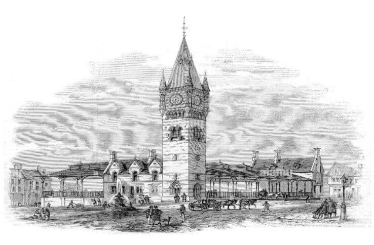 A vintage illustration of a Victorian-era train station with a prominent clock tower and people in horse-drawn carriages. - Home Instead