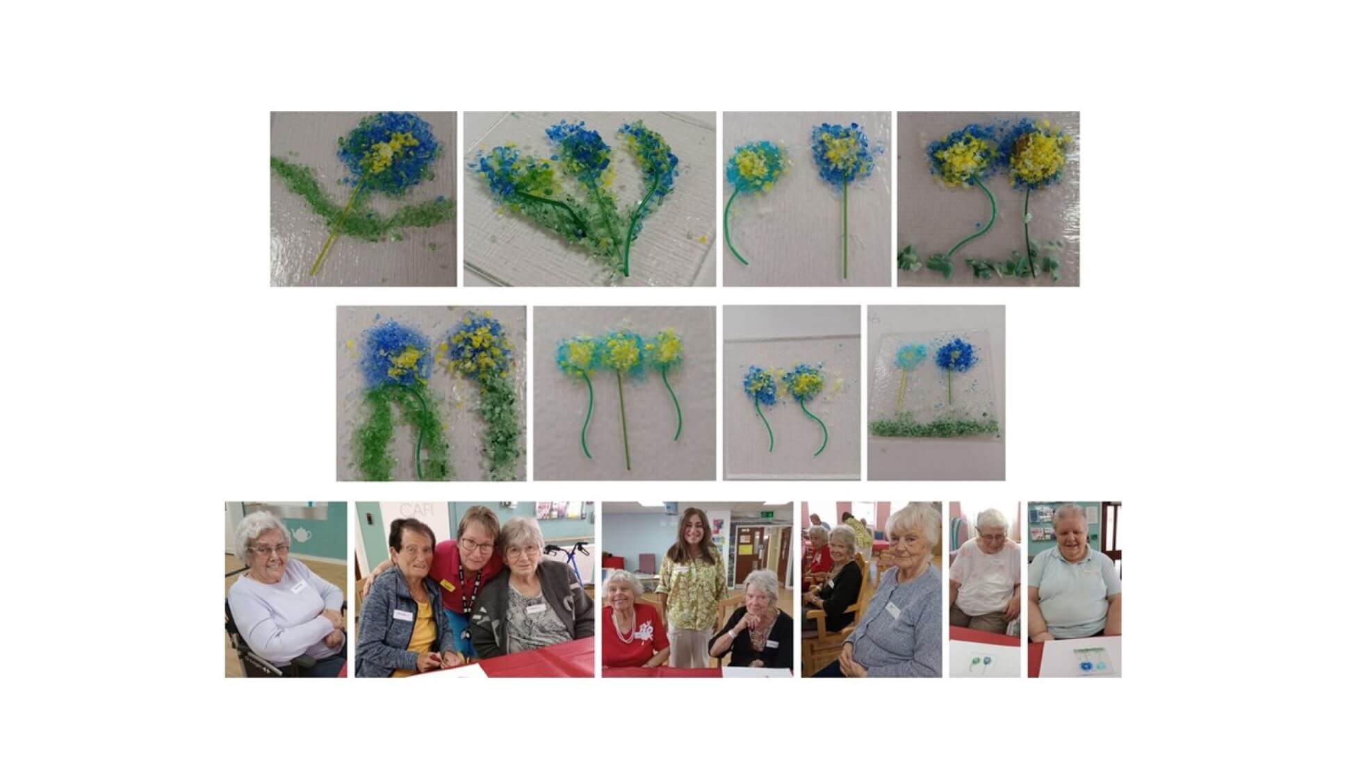 A collage of flower crafts and smiling people, some showing their work at a table, others posing together. - Home Instead