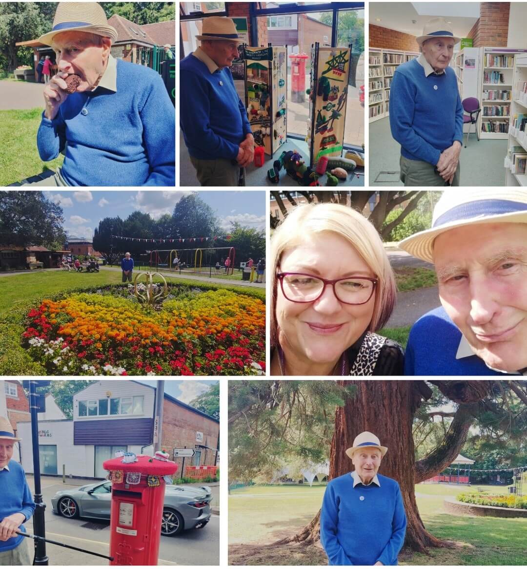A collage of an elderly man in a blue sweater and hat at various locations, including a park, library, and with a woman. - Home Instead