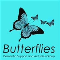 Logo with three butterflies, text reads "Butterflies Dementia Support and Activities Group" on a turquoise background. - Home Instead