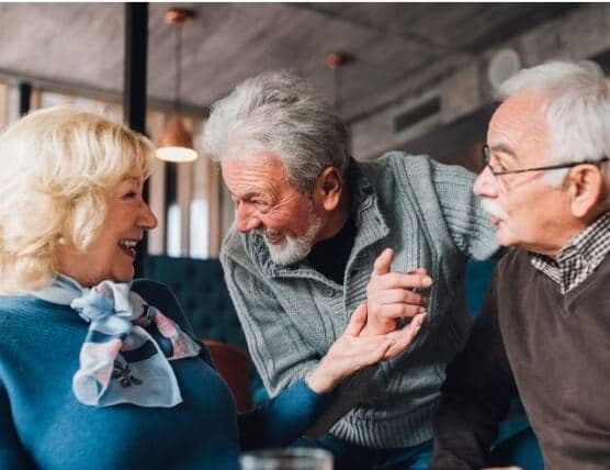 Three elderly friends having a lively conversation, smiling and gesturing while seated in a cozy indoor setting. - Home Instead