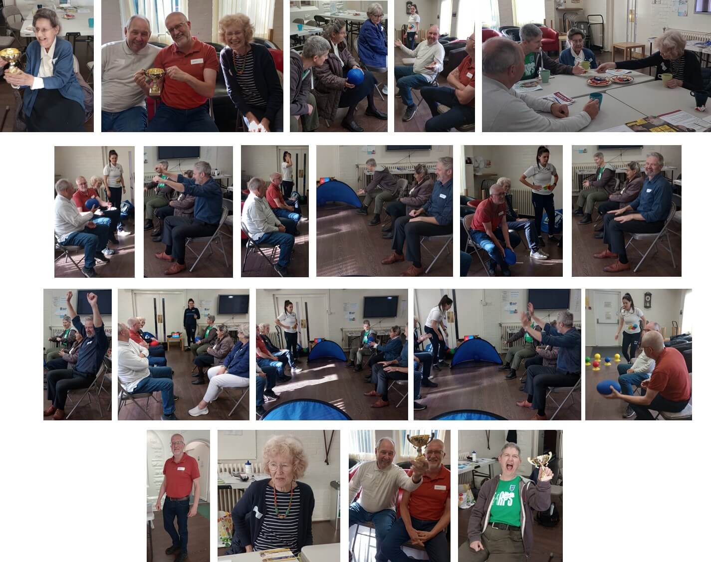 A collage of adults in a community center engaging in activities: chatting, exercising, and celebrating. - Home Instead