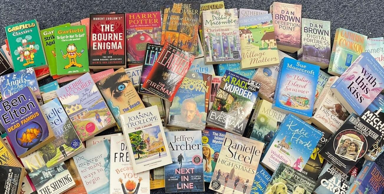 A scattered assortment of various novels and books placed on a blue carpet. - Home Instead