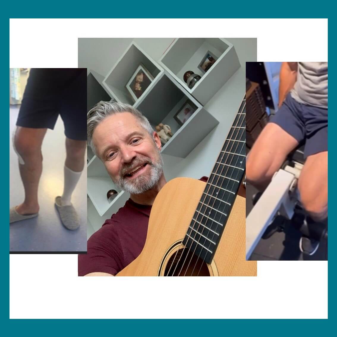 Three-photo collage: a man with a guitar smiling, legs in gym shorts, and legs wearing a white sock and slipper. - Home Instead