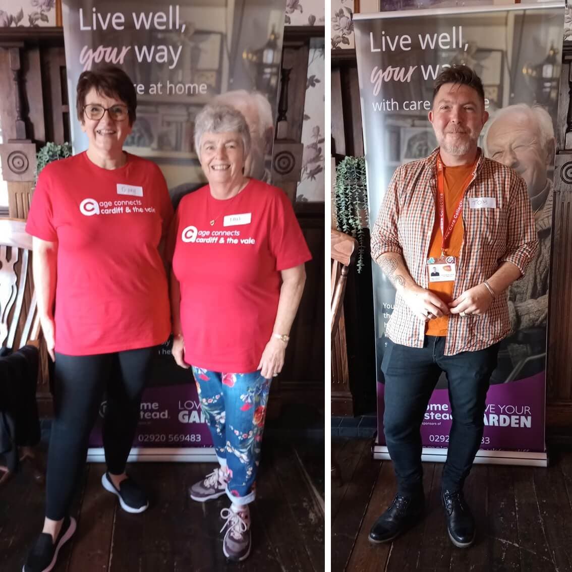 Three individuals from Age Connects Cardiff & the Vale stand in front of a banner promoting their care services. - Home Instead