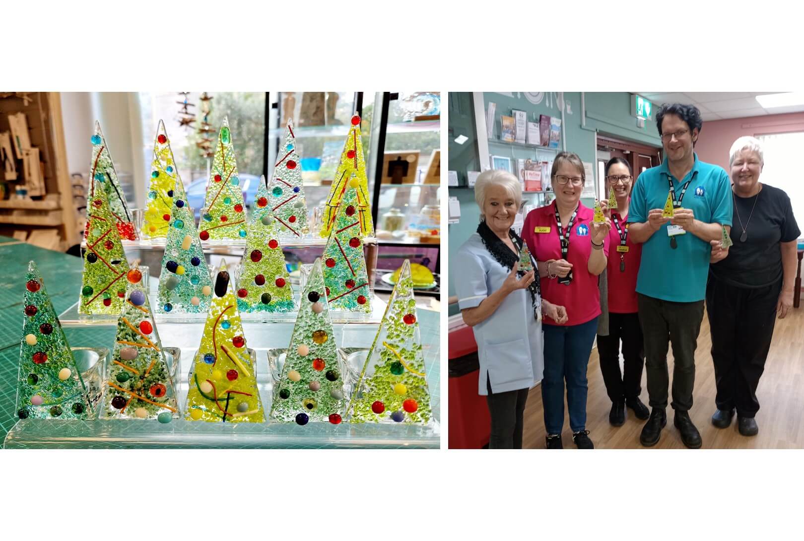 Handmade glass trees on the left; four smiling people holding crafts in a workshop setting on the right. - Home Instead