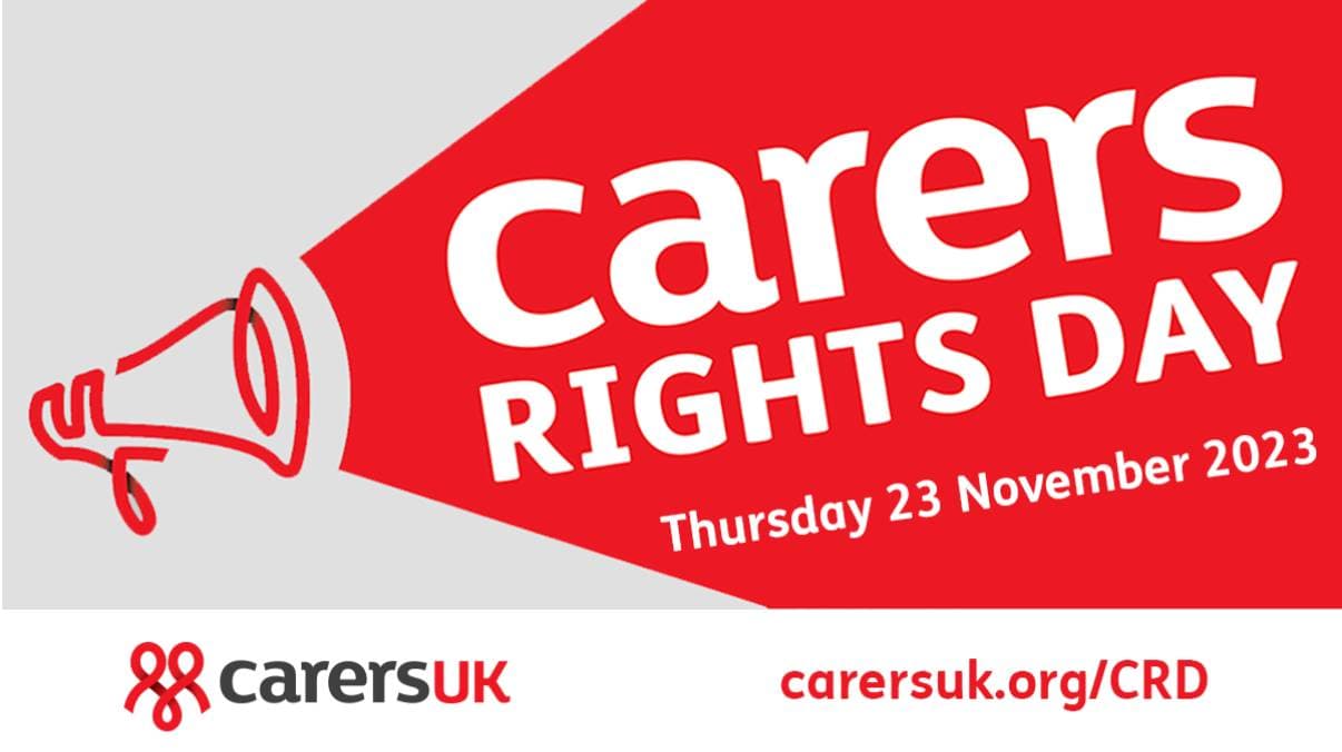 Red and white Carers Rights Day banner with event details for 23 November 2023 and carersuk.org/CRD link. - Home Instead