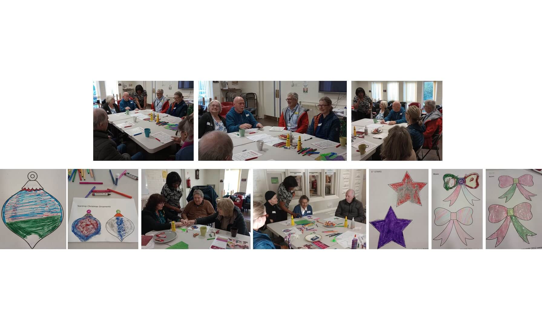 People of all ages gathered at tables, crafting and coloring holiday decorations and ornaments. - Home Instead