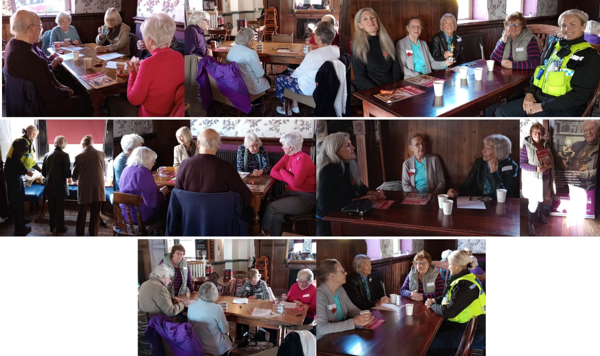 A group of senior individuals having discussions and sharing drinks at tables in a community gathering setting. - Home Instead