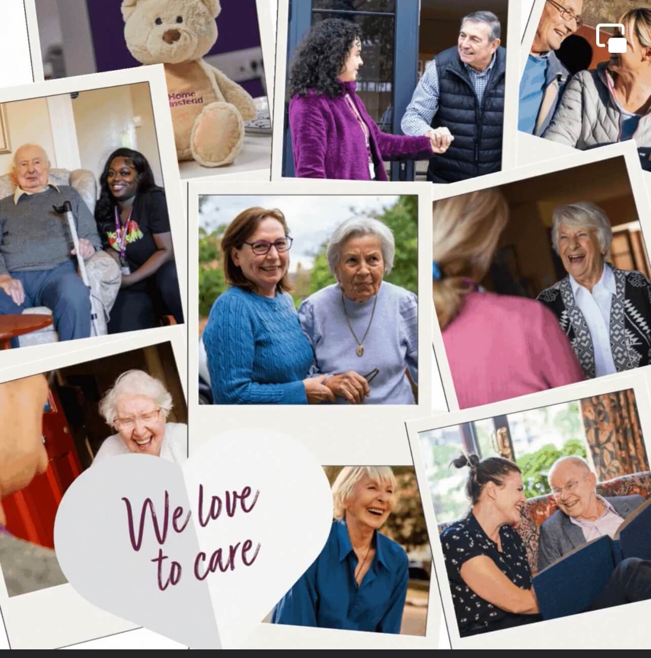 Collage of elderly individuals and caregivers engaging in various joyful activities. Text: "We love to care". - Home Instead