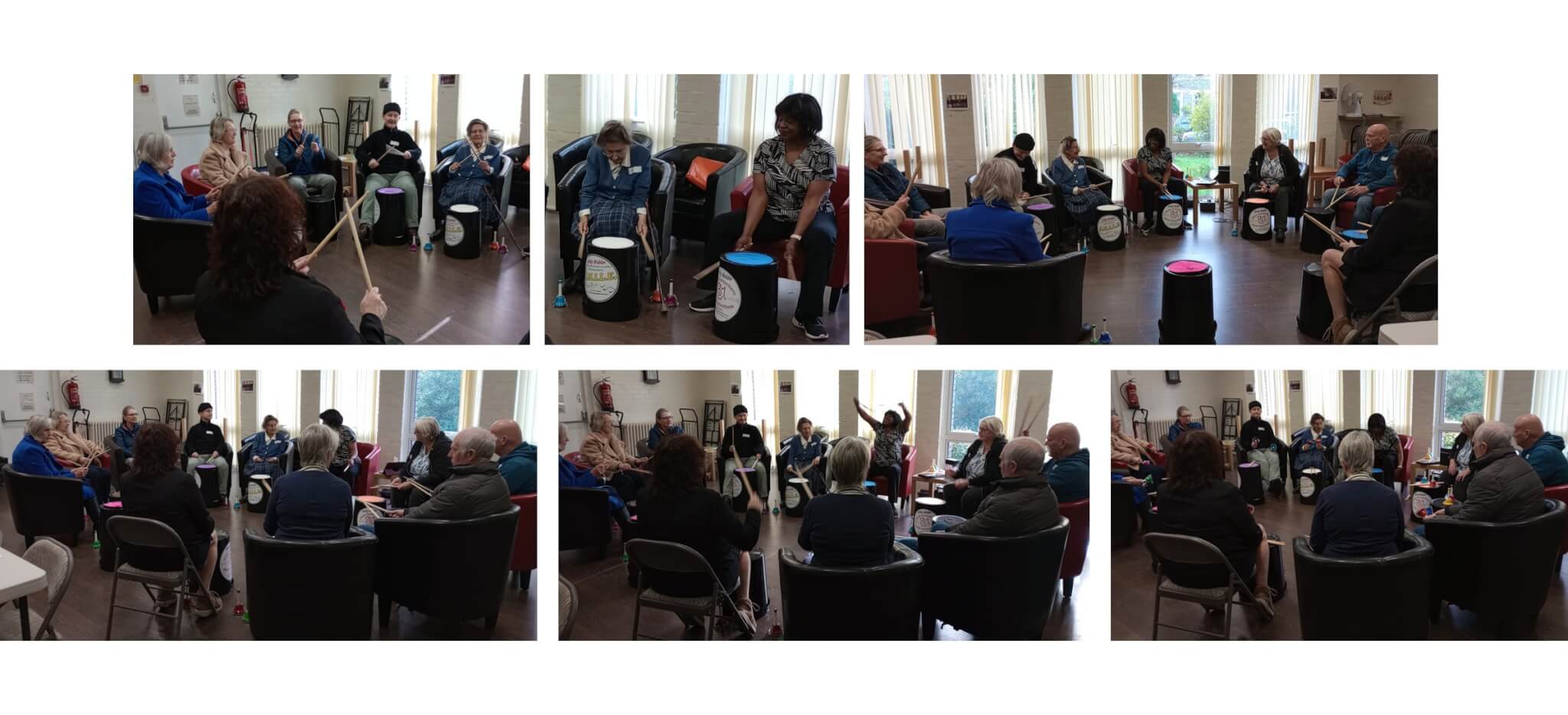 Group of people participating in a drumming circle in a brightly lit room. - Home Instead