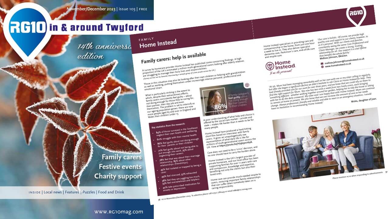 Magazine with a red leaf cover and an article on family care inside. Text and images of people sitting on a couch. - Home Instead