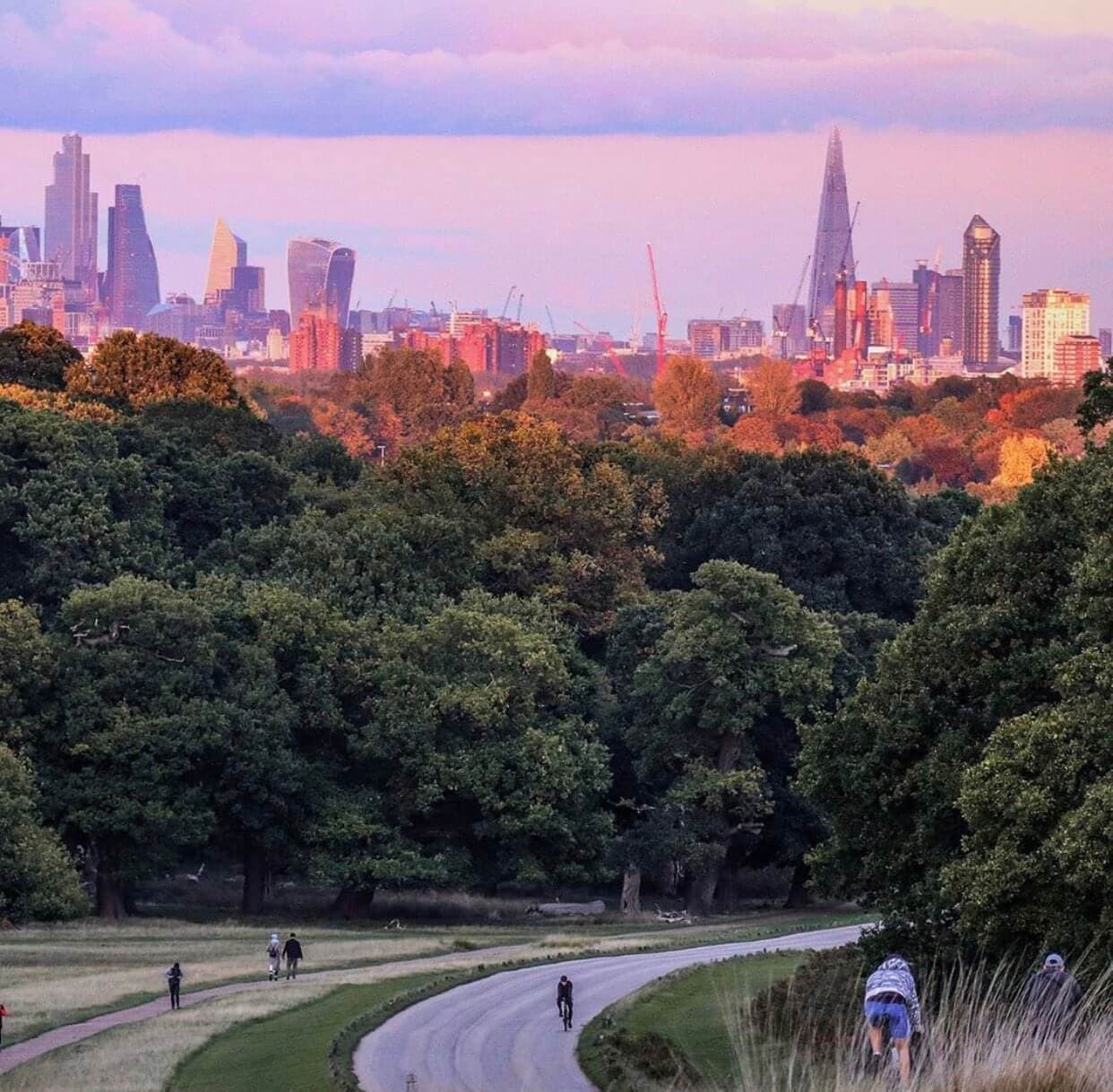 A scenic view of London's skyline from a park with trees, a curving path, and people walking and cycling. - Home Instead