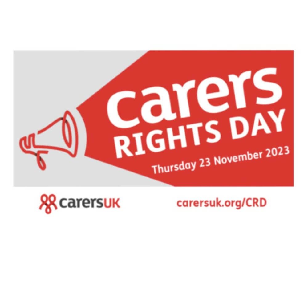 Red banner for "Carers Rights Day" on Thursday 23 November 2023, with carersuk.org/CRD for more info. Logo of Carers UK. - Home Instead
