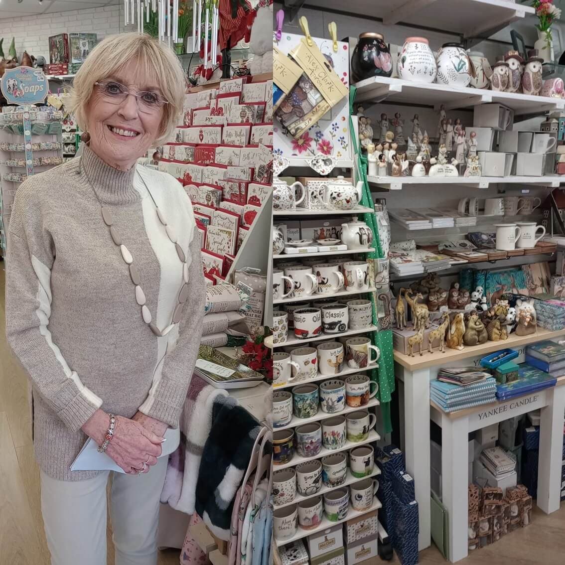Smiling woman stands in a shop filled with decorative mugs, teapots, and other gift items. - Home Instead