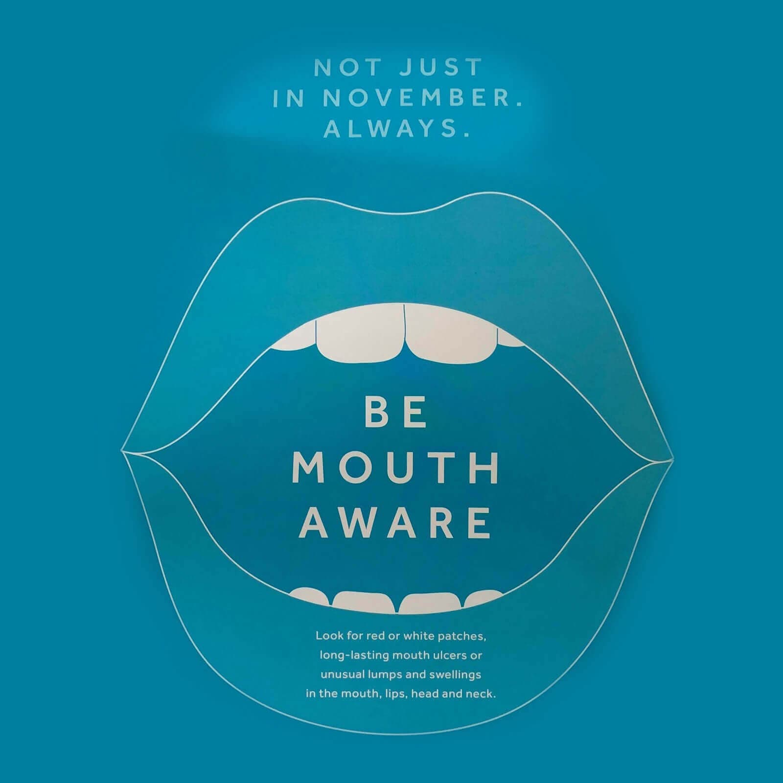 Illustration of an open mouth on a blue background with the text "Be Mouth Aware" and health advice about mouth symptoms. - Home Instead