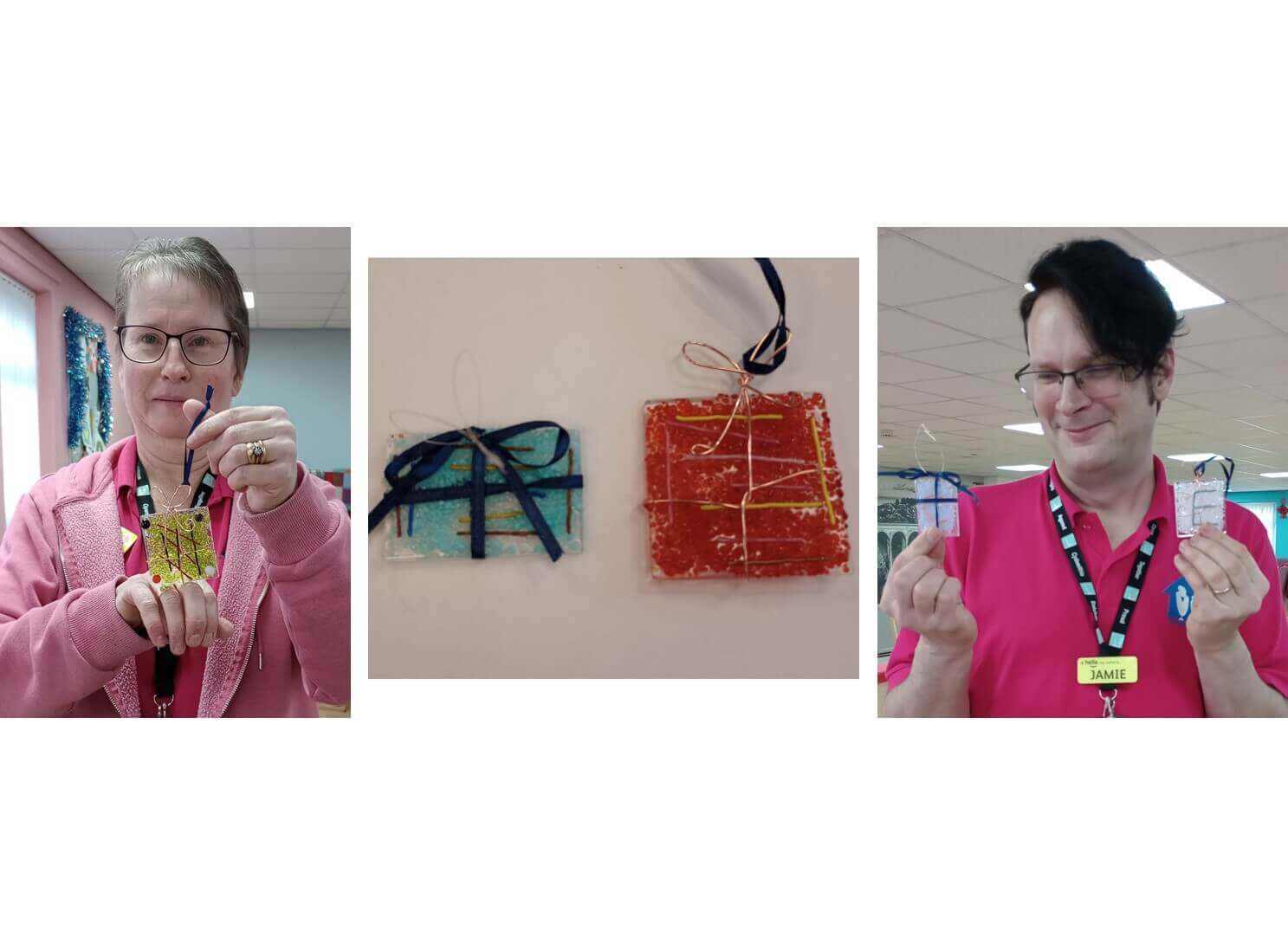 Two people in pink shirts display creative ornaments; close-up center shows two gift-shaped decorations with ribbons. - Home Instead