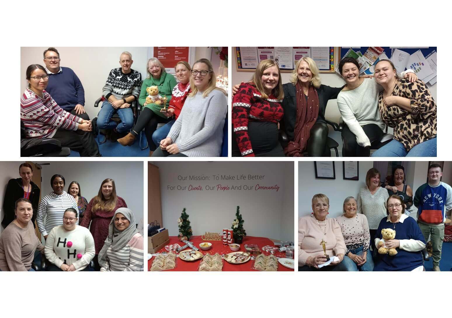 A group of people in an office posing and celebrating at a holiday event with food and decorations. - Home Instead