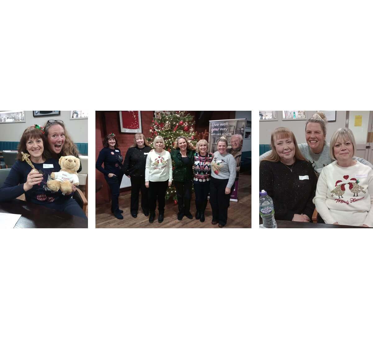 Three photos of people enjoying a holiday gathering, featuring a decorated Christmas tree and festive clothing. - Home Instead