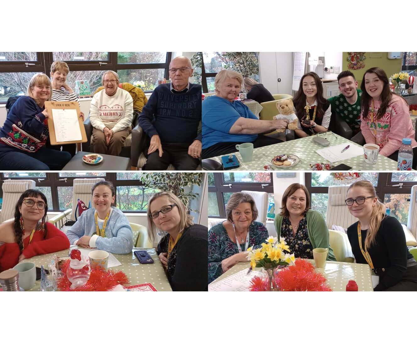 Groups of people smiling and talking around tables with crafts and snacks in a cozy indoor setting. - Home Instead