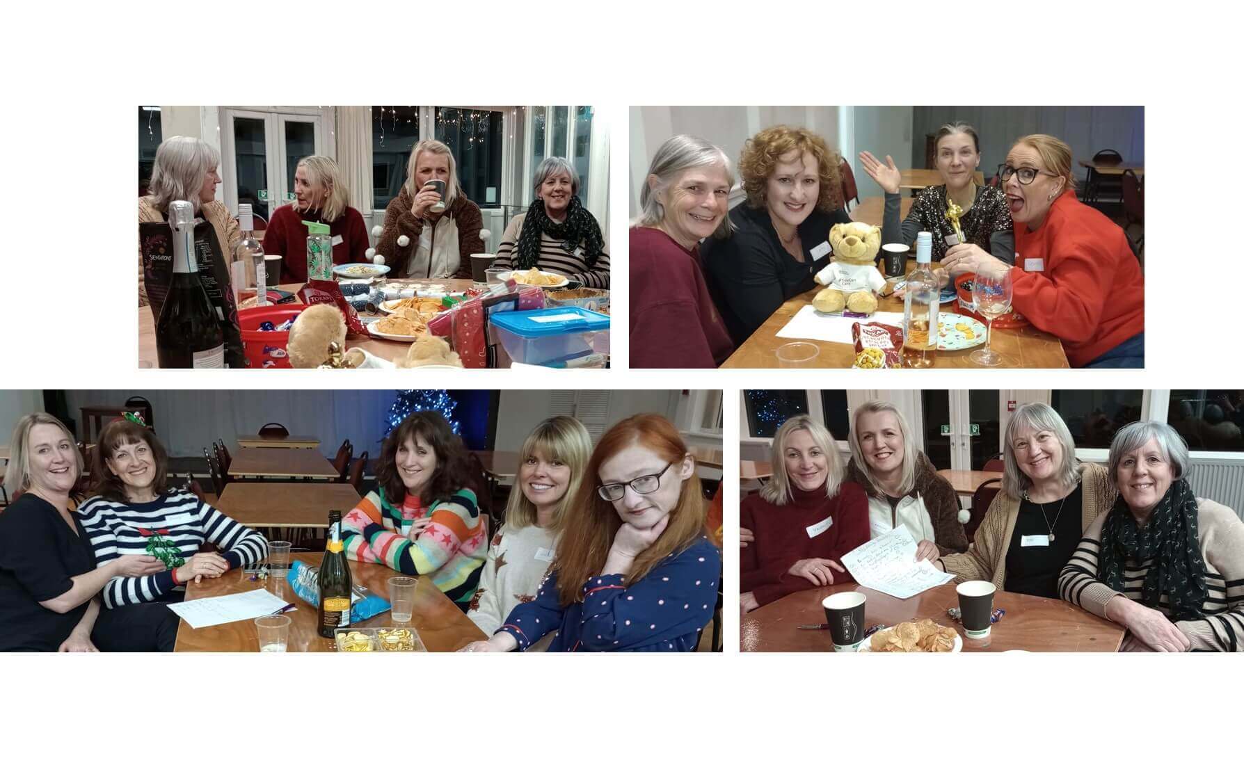 Groups of people sitting at tables, smiling and enjoying snacks, drinks, and toys in a festive indoor setting. - Home Instead