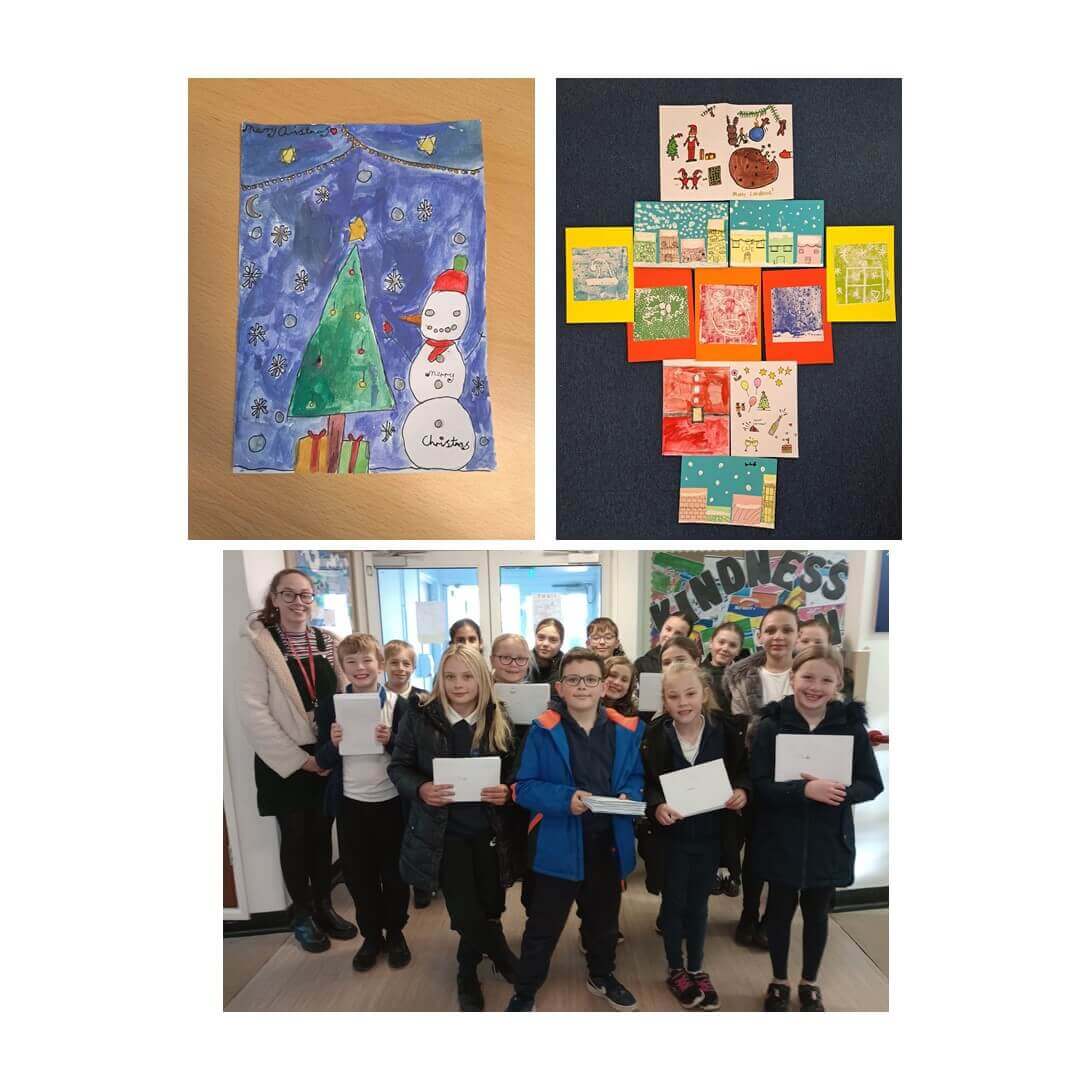 Top left: Christmas-themed artwork. Top right: Colorful holiday cards. Bottom: Group of children holding papers, smiling. - Home Instead