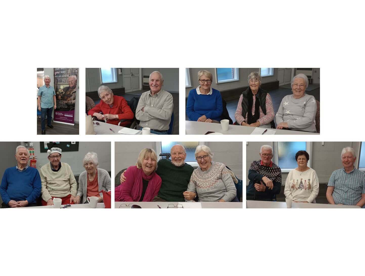 A collage of older adults smiling and sitting together in various settings, enjoying each other's company. - Home Instead