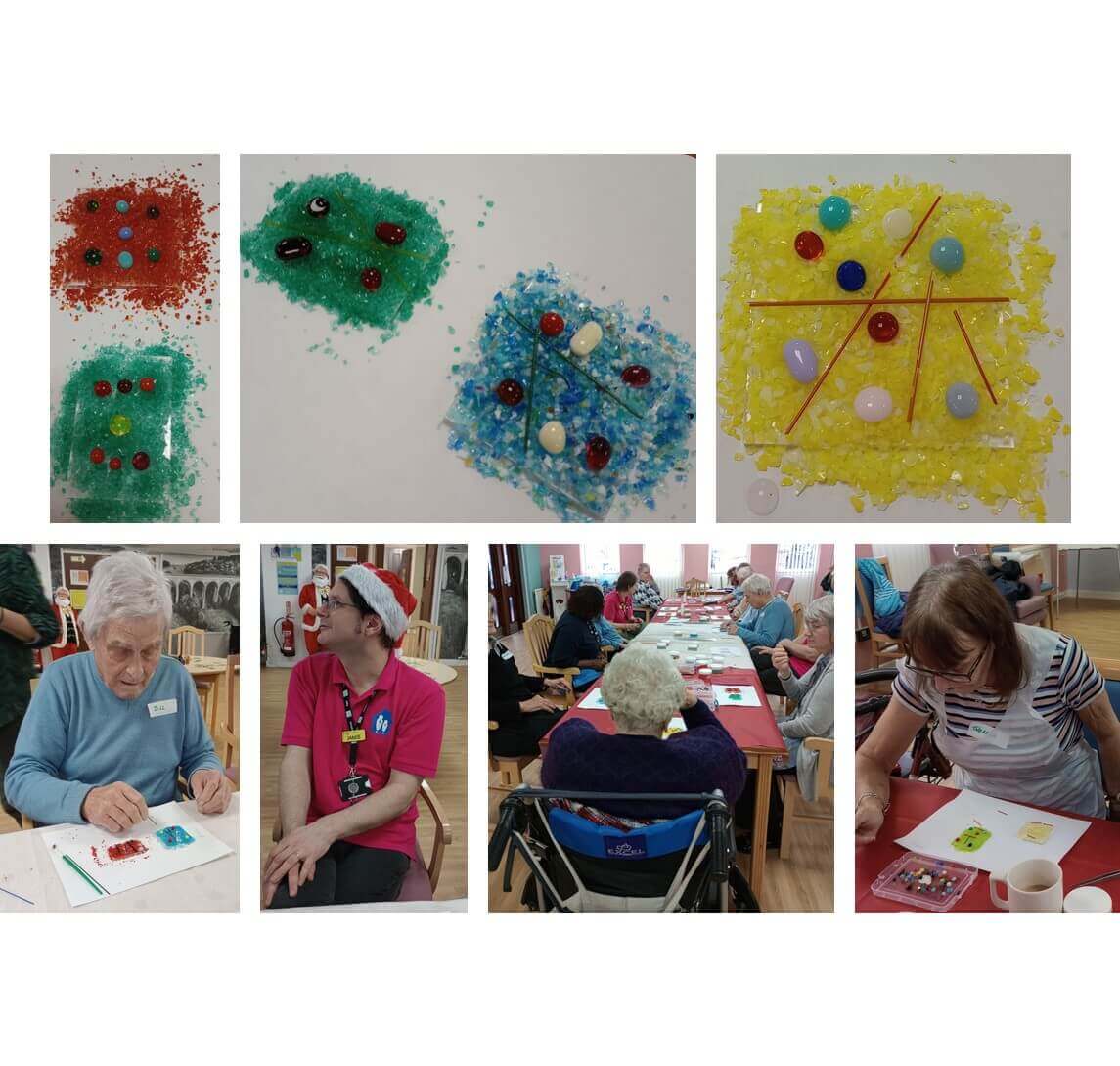 Seniors crafting with colorful materials; bottom row shows them engaged in activities, assisted by caregivers. - Home Instead